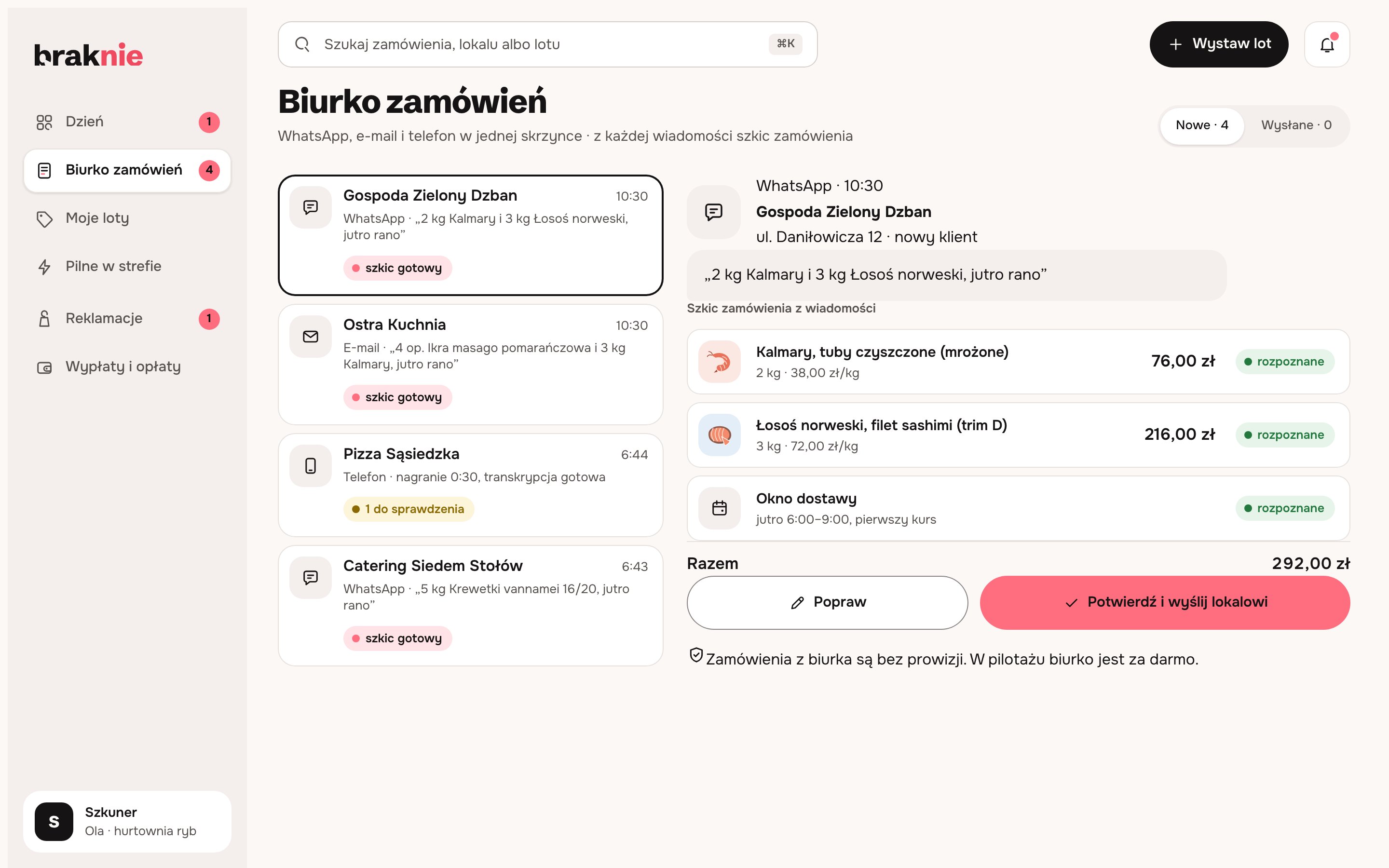 Biurko zamówień: wiadomości z WhatsAppa, e-maila i telefonu jako szkice zamówień