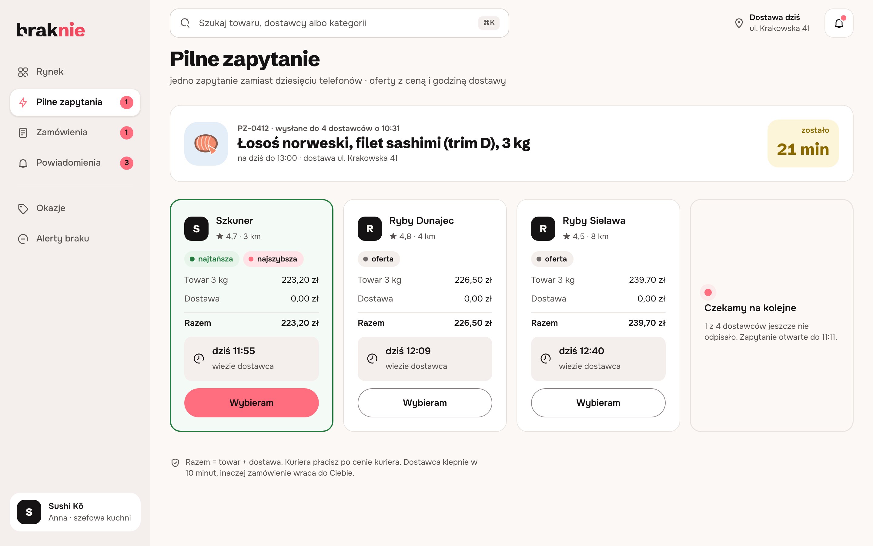 Ekran pilnego zapytania: łosoś 3 kg na 13:00 i oferty dostawców z ceną, dostawą i godziną